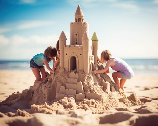 Photo friends building sandcastles on the beach their creativity and friendship intertwined