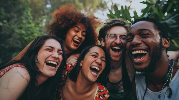 Друзья вспыхивают от смеха, когда пытаются позировать на глупую групповую фотографию, изображающую радость их дружбы.