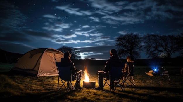 Friends campers looks up at the night sky and stars next to their tent in nature