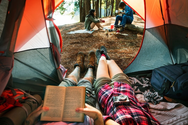 Photo friends camping relax vacation weekend concept