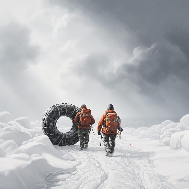 Photo friends carrying inner tubes in snow