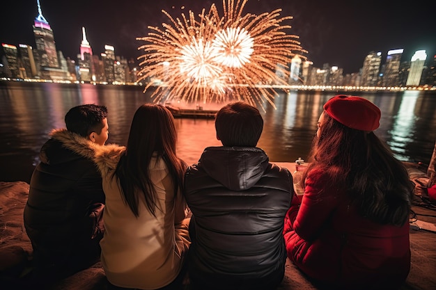 空で新年の花火を祝う友人たち 生成 AI