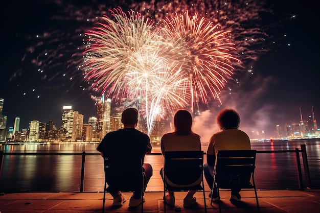 Friends celebrating New Year fireworks in the sky Generative AI