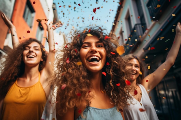 Friends celebrating with confetti in the street