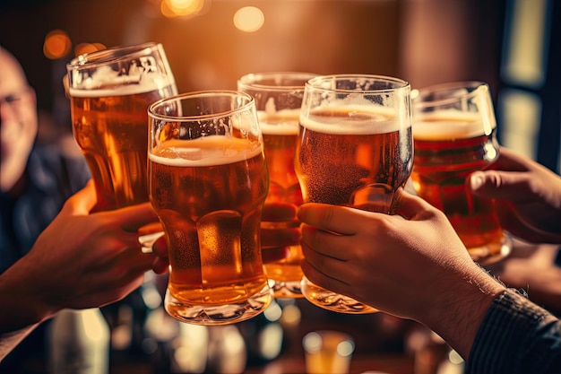 Friends celebrating with drinks in a lively bar atmosphere