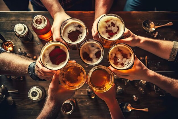 Friends celebrating with drinks in a lively bar atmosphere