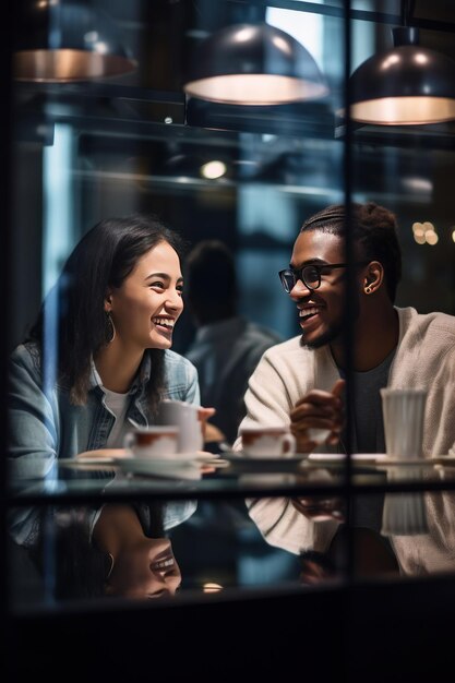 カフェで良い会話で飲み物を楽しんで快適なスペースを満たす笑顔でチャットする友達