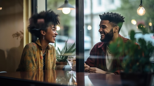 Friends chat with laughter filling cozy space enjoying drinks with good conversation at cafe