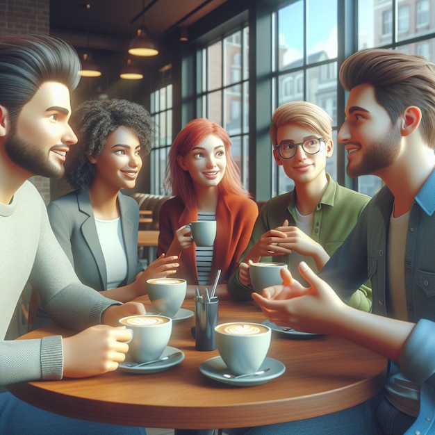 Photo friends chatting while drinking coffee in cafe 3d animation style