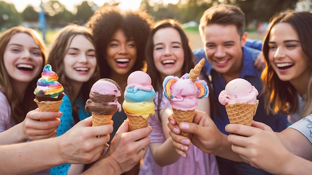 Friends cheering with ice cream