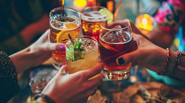 Друзья звенят элегантными напитками Молодежь наслаждается алкоголем в счастливый час Вечеринка с ярким фильтром Акцент на дне Напиток Cuba Libre