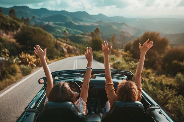 Photo friends in convertible on a road trip in mountains and sea view on the sunset