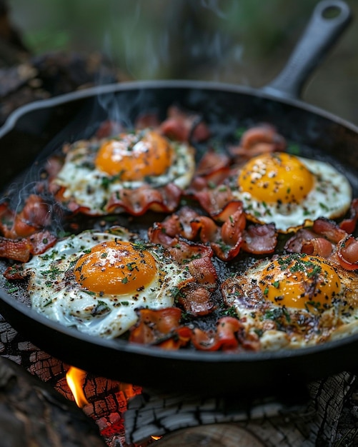 Friends Cooking Breakfast Over A Campfire Background