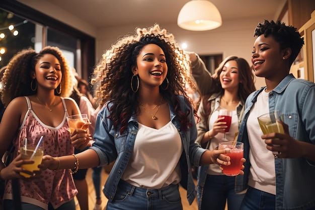 Friends dancing holding drinks at house party Young women enjoying and having fun at the house party