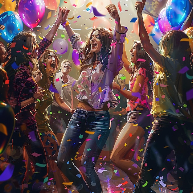 friends dancing at a party with vibrant lights