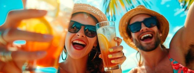 friends drinking cocktails on the beach Selective focus