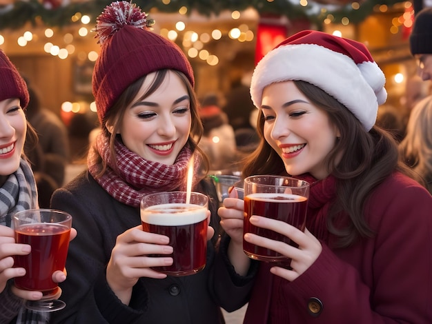 Photo friends drinking delicious mulled wine and enjoying hot drinks at an evening party ai generate