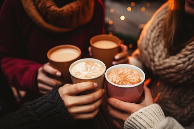 Friends drinking hot chocolate in cool winter