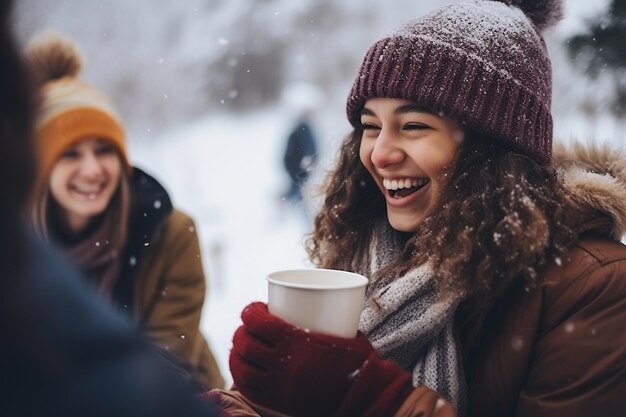 Photo friends drinking hot chocolate in cool winter