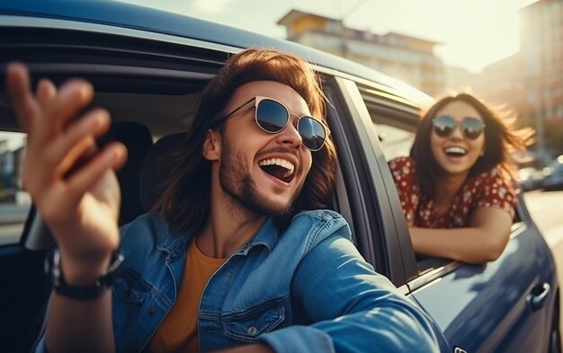 Friends driving a car together and having fun on vacation