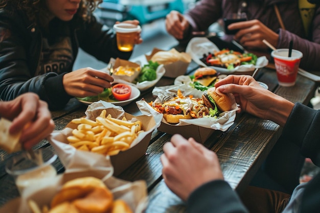 Friends eating fast food in a restaurant