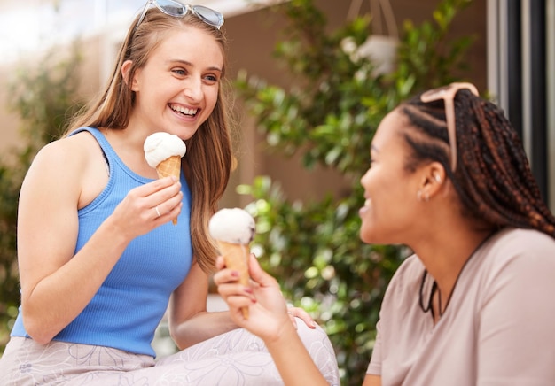 Friends eating icecream happiness and dessert outdoor travel with freedom snack and smile while on holiday Diversity happy and eating gelato summer and together with women bonding in Italy
