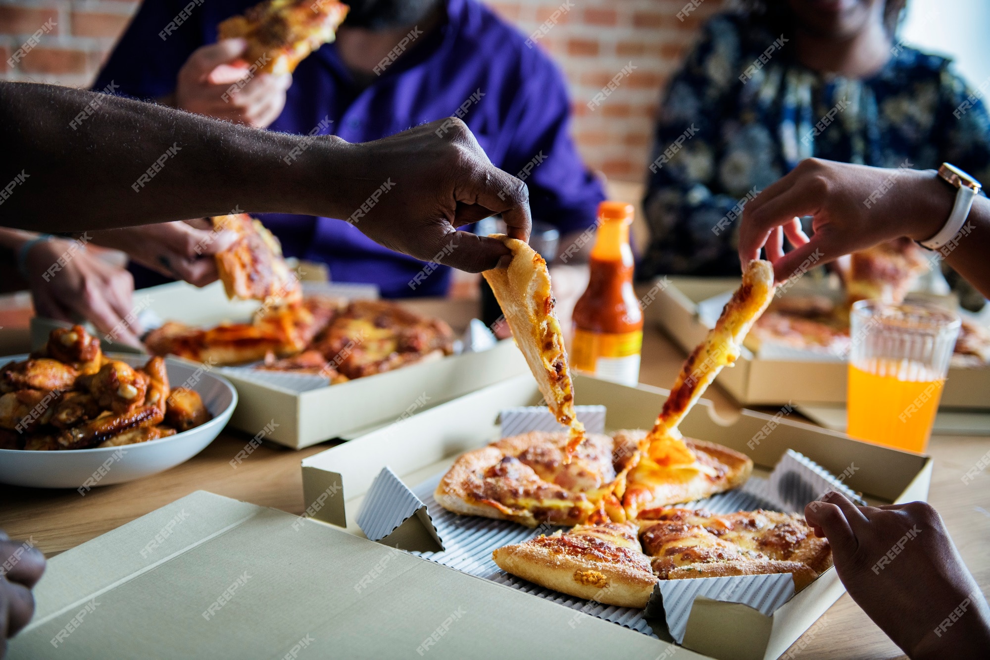 Friends Eating Pizza Together Sharing Platters Stock Photo 1038714430