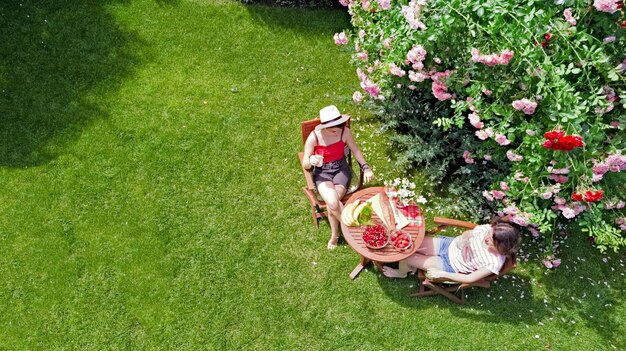 夏の庭の女の子で屋外で一緒に食事をしている友達は、テーブルの公園の空撮でピクニックをしています