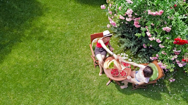 Friends eating together outdoors in summer garden girls have picnic in park aerial view