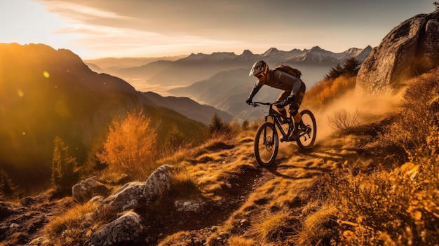 エレクトリック自転車に乗った友達が美しい山々を眺めています