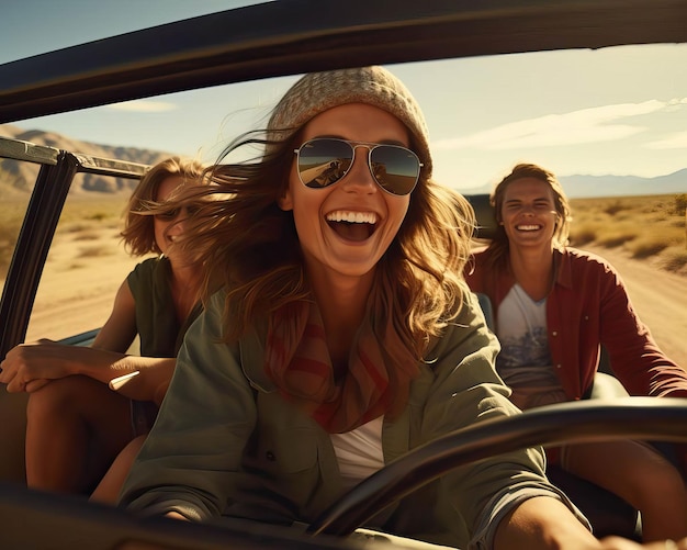 Friends embarking on a road trip capturing the thrill of the open road and new discoveries