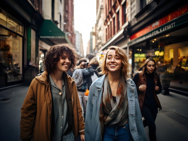 Friends Embracing the Vibrant Streets and Diversity of City Life