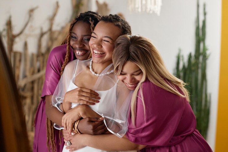Friends embracing young bride during wedding party