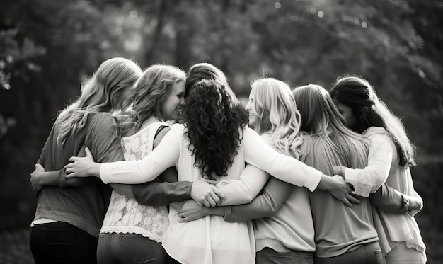 Foto gli amici impegnati in un gruppo abbracciano il loro amore e il loro sostegno visibile nel loro abbraccio