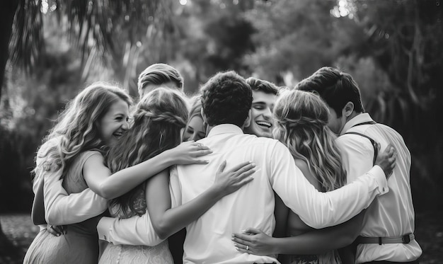 Foto gli amici impegnati in un gruppo abbracciano il loro amore e il loro sostegno visibile nel loro abbraccio