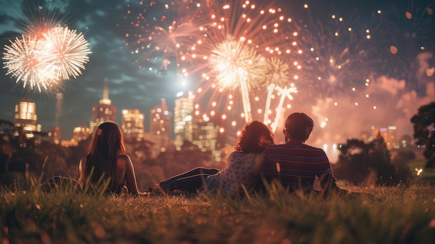 Friends enjoy fireworks in a park faces aglow city skyline backdrop