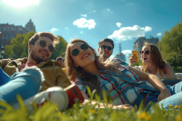 Friends enjoy nature in city park taking selfies on sunny day