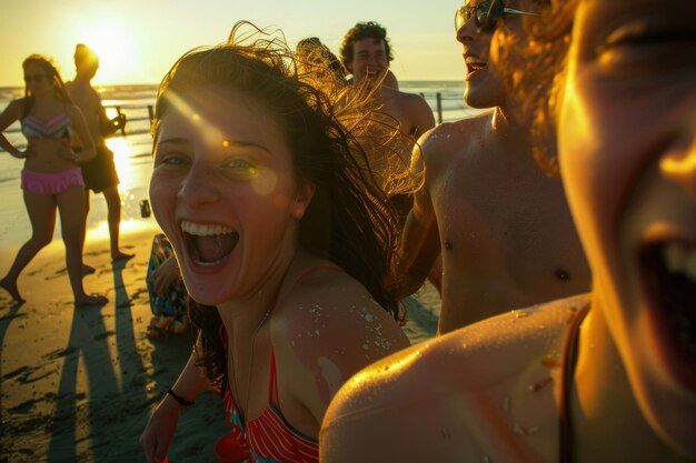 Friends enjoy a vibrant beach party during spring break