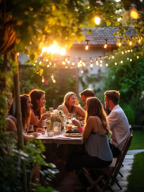 friends enjoying backyard dinner party