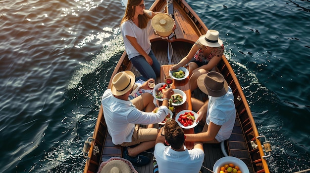 Photo friends enjoying a boat ride on a lake they are eating drinking and laughing the sun is shining and the water is calm