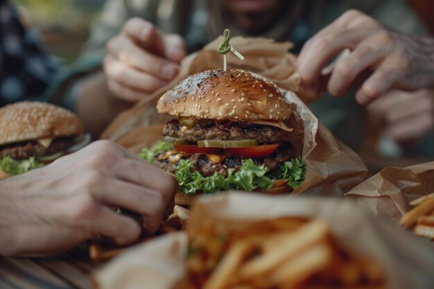 Foto amici che si godono i hamburger in un fast food