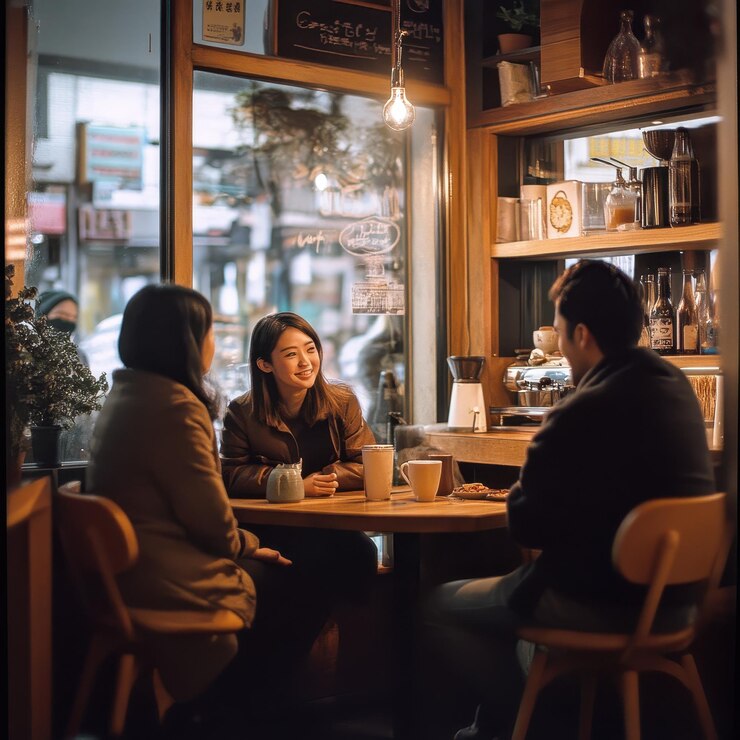 Photo 友達が快適なカフェでコーヒーを楽しんでいます