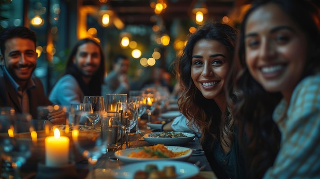 Friends Enjoying Dinner Party at Cozy Restaurant