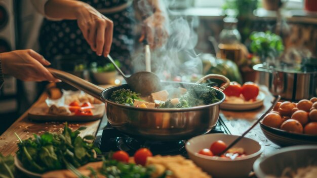 Friends enjoying a hot pot meal with steam rising vibrant ingredients surrounding the pot creating an inviting atmosphere of conviviality