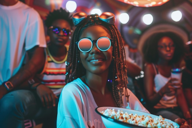 Friends Enjoying a Movie Night with Colorful Glasses