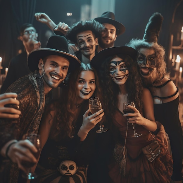 Friends enjoying party celebrating in Halloween witch costume ai generated
