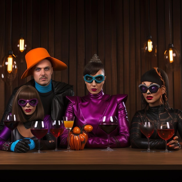 Photo friends enjoying party celebrating in halloween witch costume ai generated