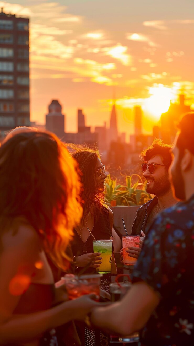 Friends enjoying refreshing drinks on rooftop during heatwave Sunset city skyline Extreme heat