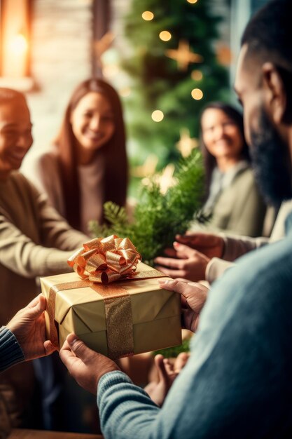 friends exchanging ecofriendly christmas gifts Created with generative AI technology