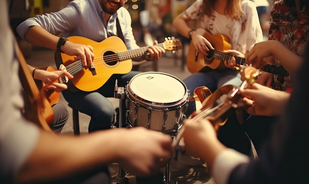 Foto amici che esplorano un vivace mercato assaporando insieme i suoni e i sapori della vista